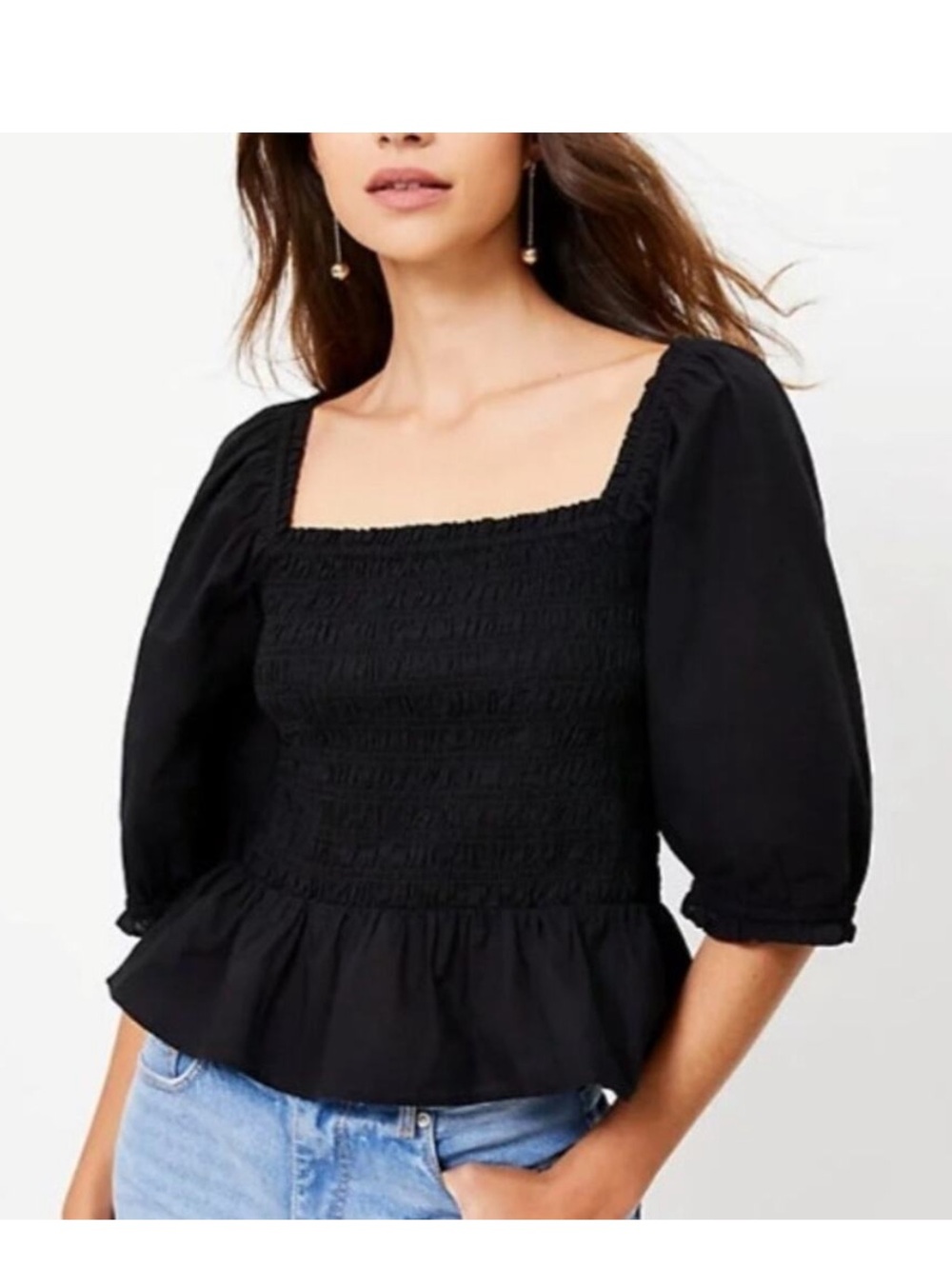 LOFT Black Smocked Peplum Top with Square Neck